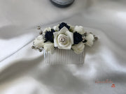 Navy & Ivory Rose With Silver & Crystal Butterfly