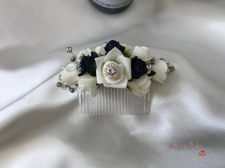 Navy & Ivory Rose With Silver & Crystal Butterfly