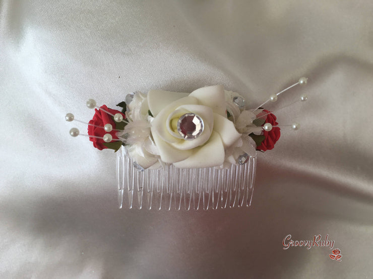 Red & Ivory Rose Crystal With Ivory Pearl Babies Breath