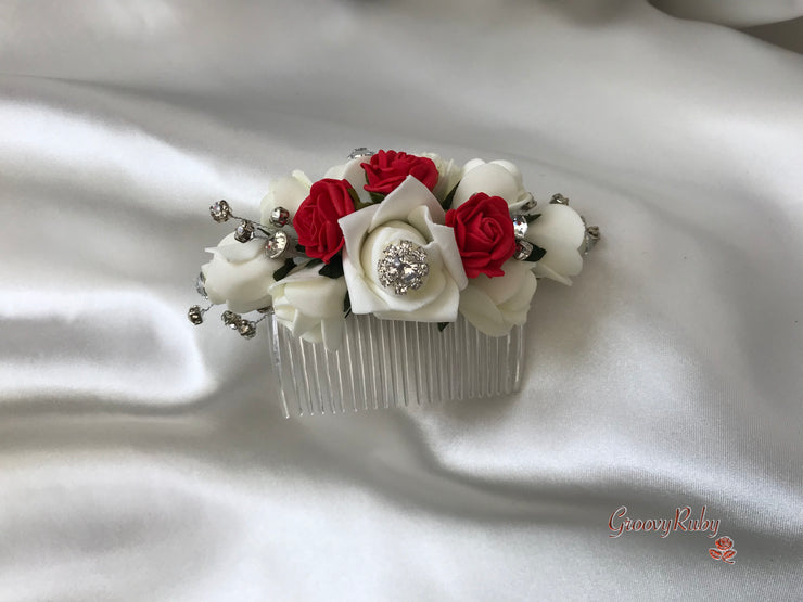 Red & Ivory Rose With Silver & Crystal Butterfly