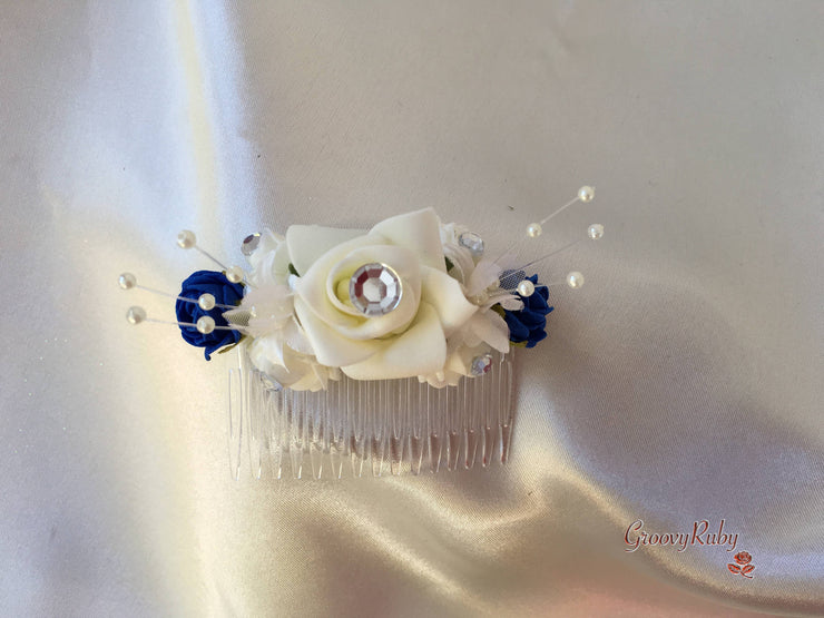 Royal Blue & Ivory Rose Crystal With Ivory Pearl Babies Breath
