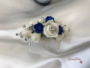 Royal Blue & Ivory Rose With Silver & Crystal Butterfly