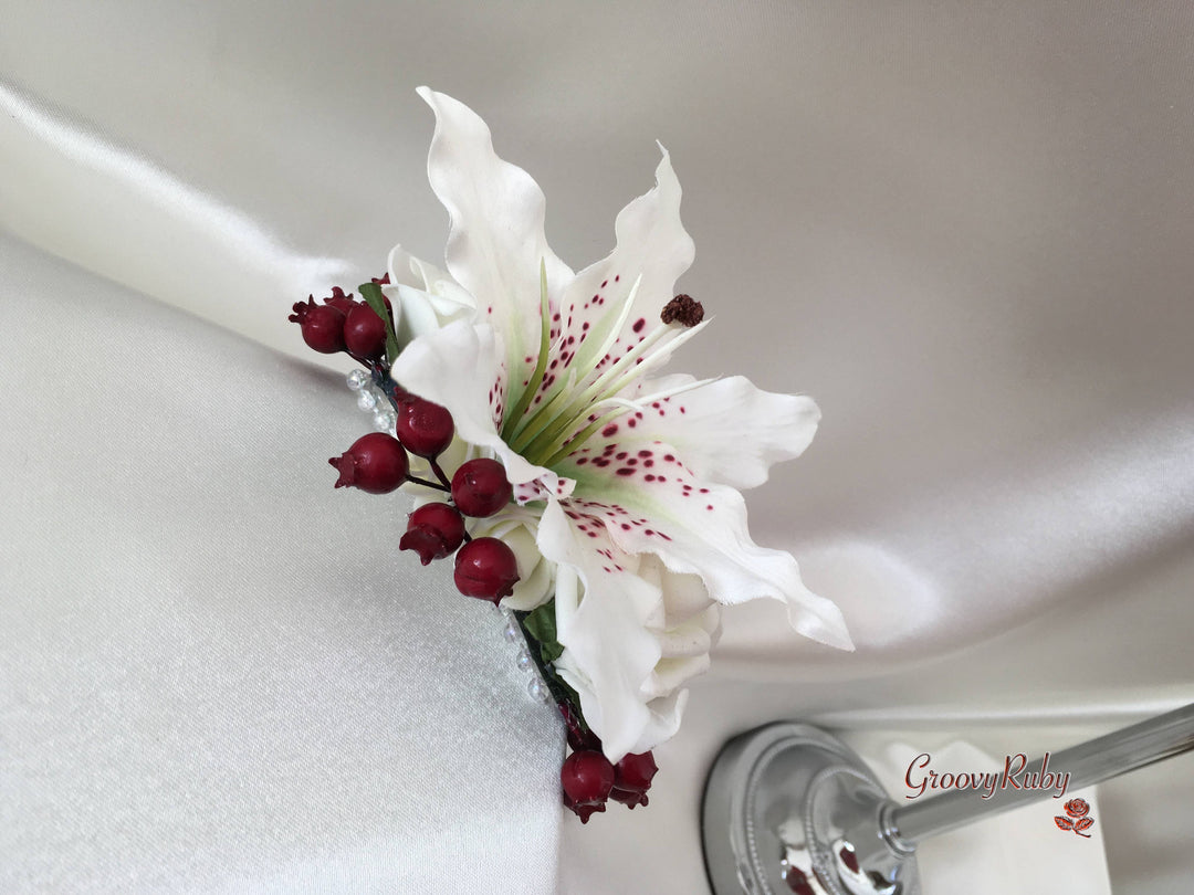 tiger lily corsage Small Tiger Lilies & Ivory Roses With Berries – GroovyRuby Ltd