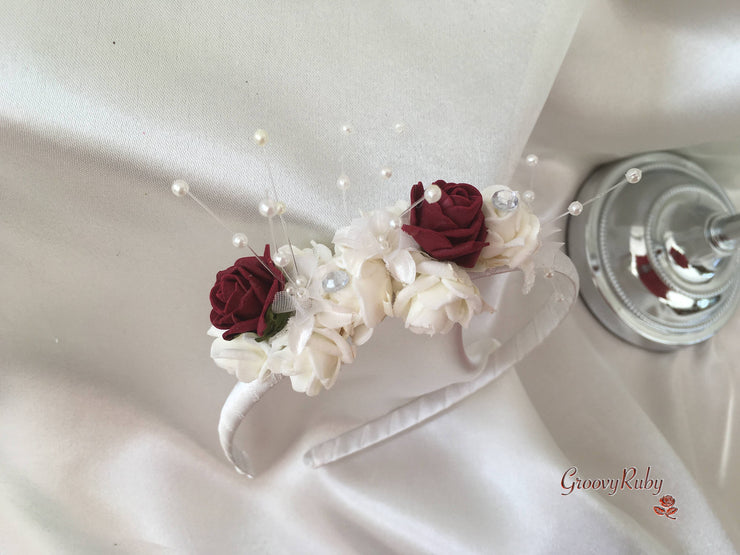 Burgundy & Ivory Rose Crystal With Ivory Pearl Babies Breath