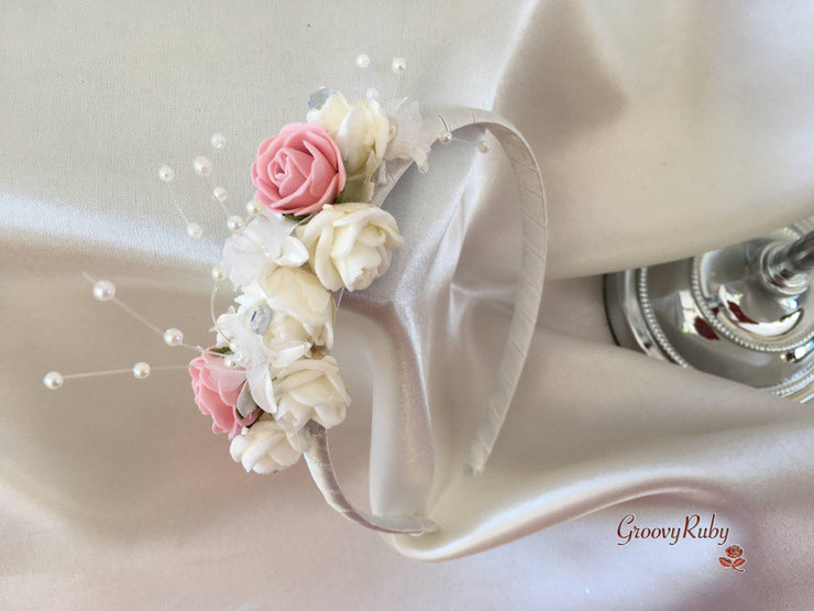 Dusky Pink & Ivory Rose Crystal With Ivory Pearl Babies Breath