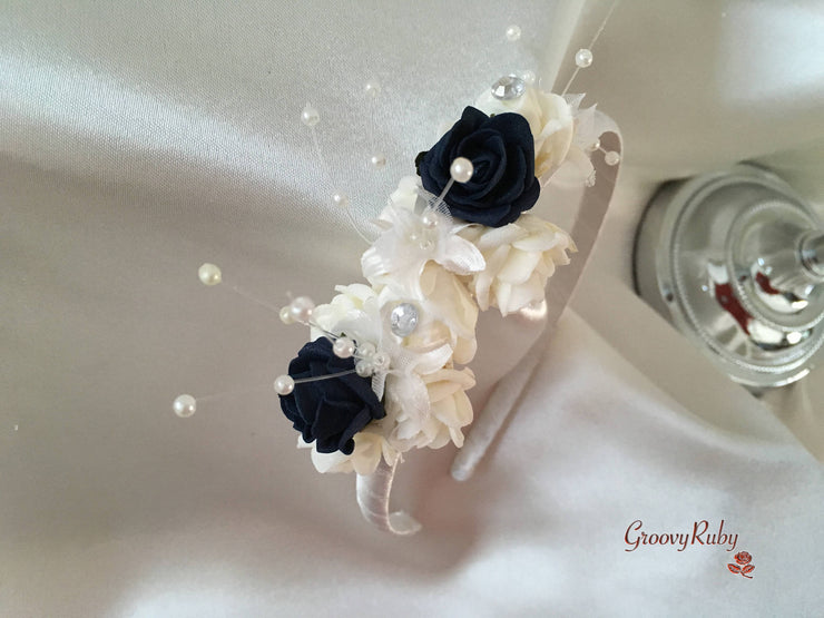 Navy & Ivory Rose Crystal With Ivory Pearl Babies Breath