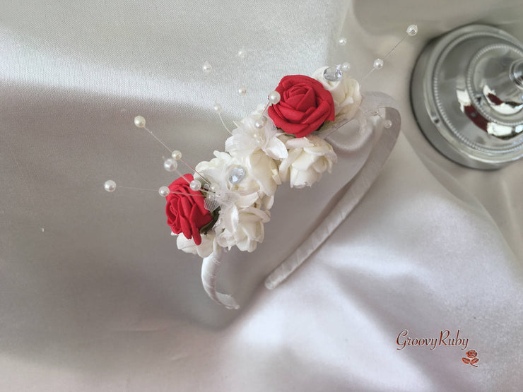 Red & Ivory Rose Crystal With Ivory Pearl Babies Breath