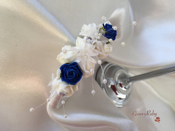 Royal Blue & Ivory Rose Crystal With Ivory Pearl Babies Breath