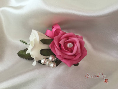 Ladies Pin On Corsage With Pearl Spray & Ribbon - Colour Combination Of your Choice