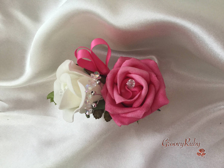 Ladies Pin On Corsage With Crystal Spray & Ribbon - Colour Combination Of Your Choice