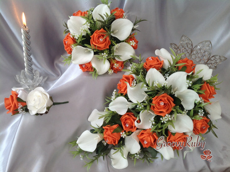 Orange Rose & White Large Calla Lily