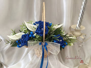 Flower Girl Basket - Royal Blue/Ivory Roses With Added Royal Blue Ribbon Loops