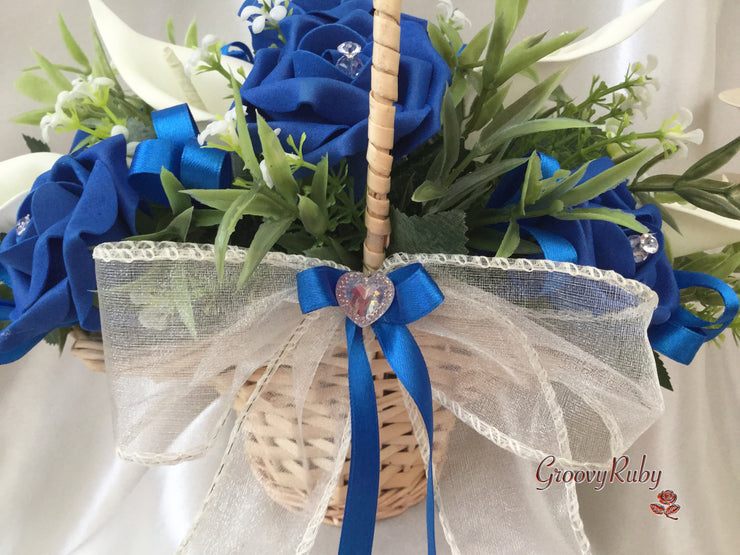 Flower Girl Basket - Royal Blue/Ivory Roses With Added Royal Blue Ribbon Loops