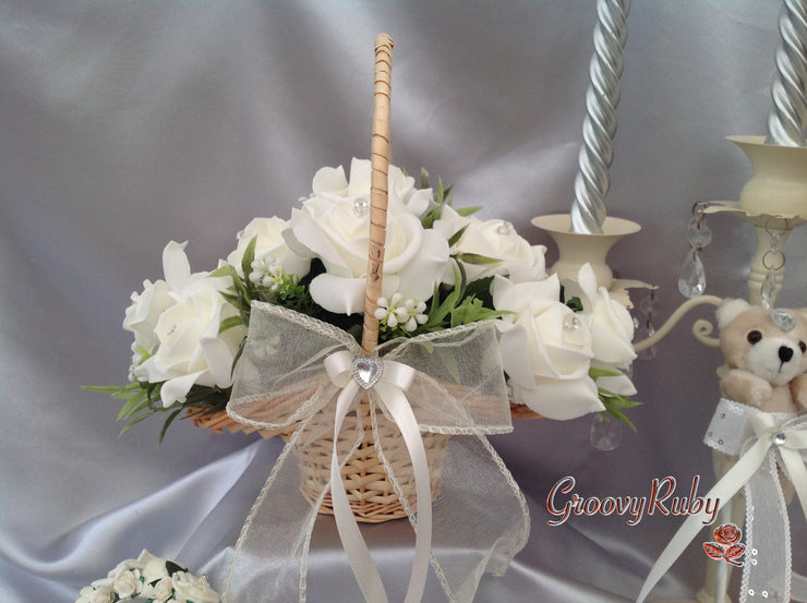 Flower Girl Basket With Ivory Roses & Foliage
