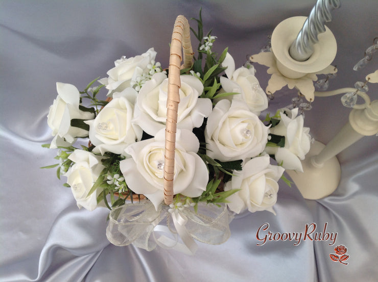 Flower Girl Basket With Ivory Roses & Foliage