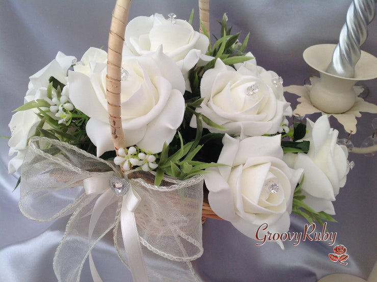 Flower Girl Basket With Ivory Roses & Foliage
