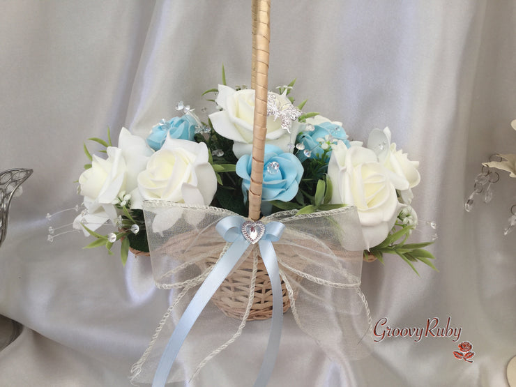 Butterfly Flower Girl Basket With Ivory/Baby Blue Roses & Foliage