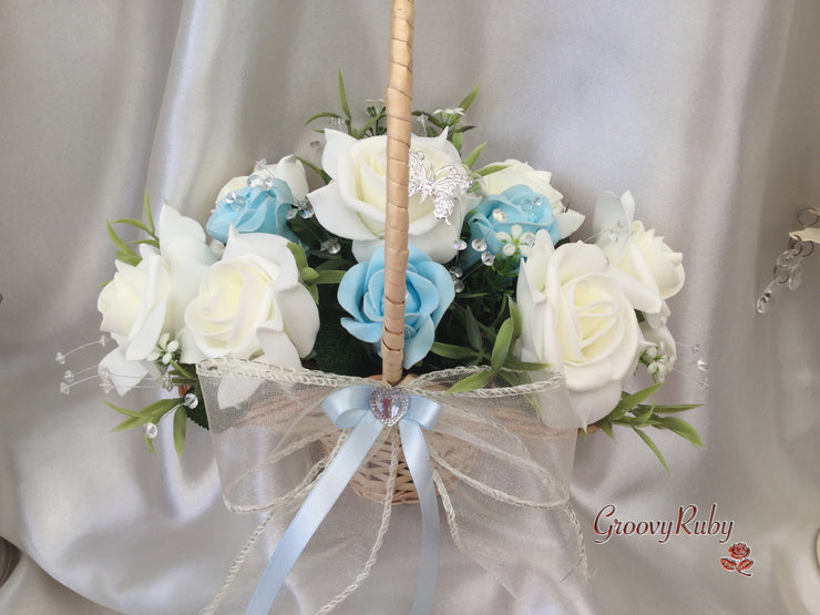 Butterfly Flower Girl Basket With Ivory/Baby Blue Roses & Foliage