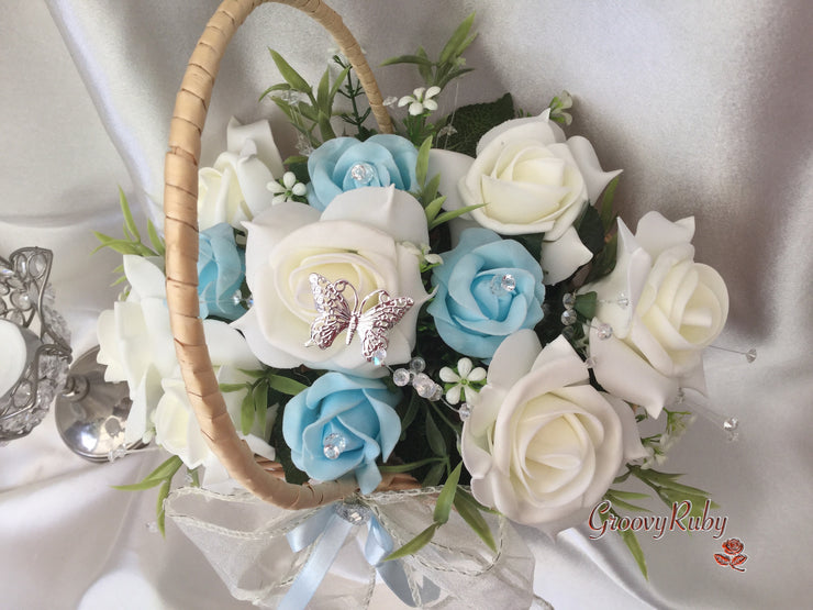 Butterfly Flower Girl Basket With Ivory/Baby Blue Roses & Foliage