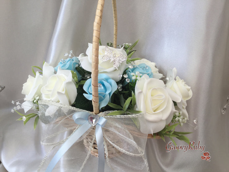 Butterfly Flower Girl Basket With Ivory/Baby Blue Roses & Foliage