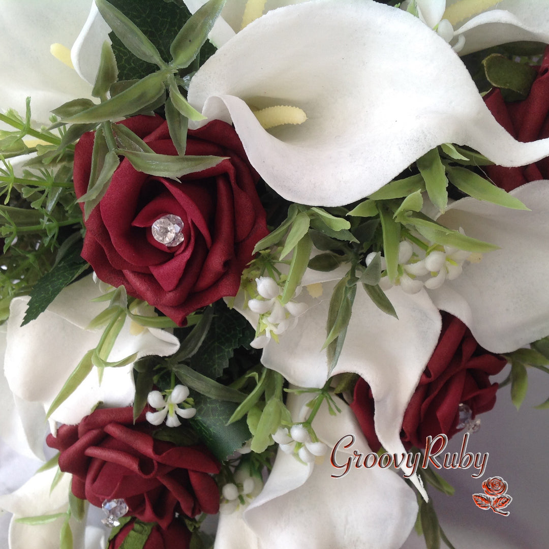 red and white calla lily wedding bouquet Burgundy Rose & Large White Calla Lily – GroovyRuby Ltd