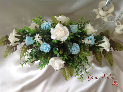 Baby Blue & Ivory Rose Table Centrepiece