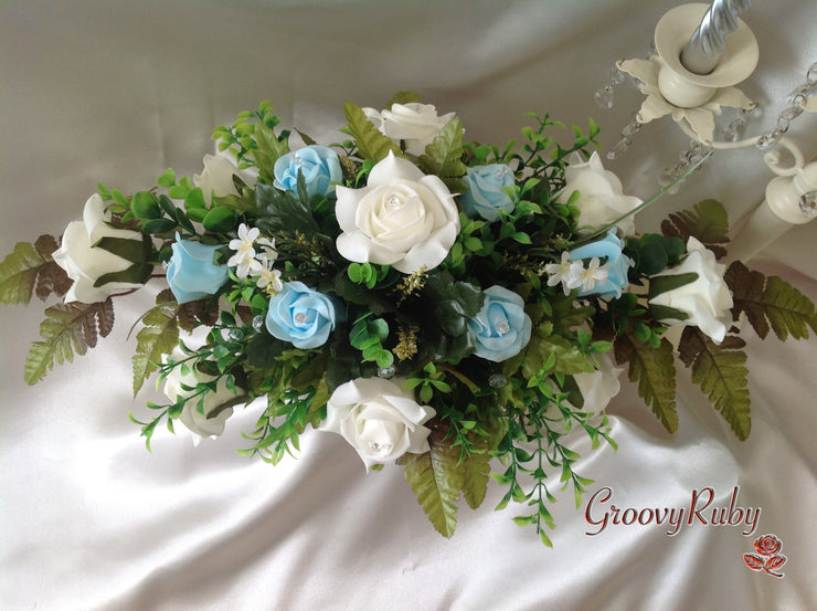 Baby Blue & Ivory Rose Table Centrepiece