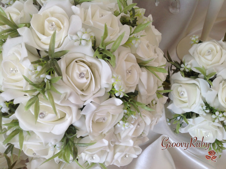 Ivory Rose Foliage & Crystal Bead