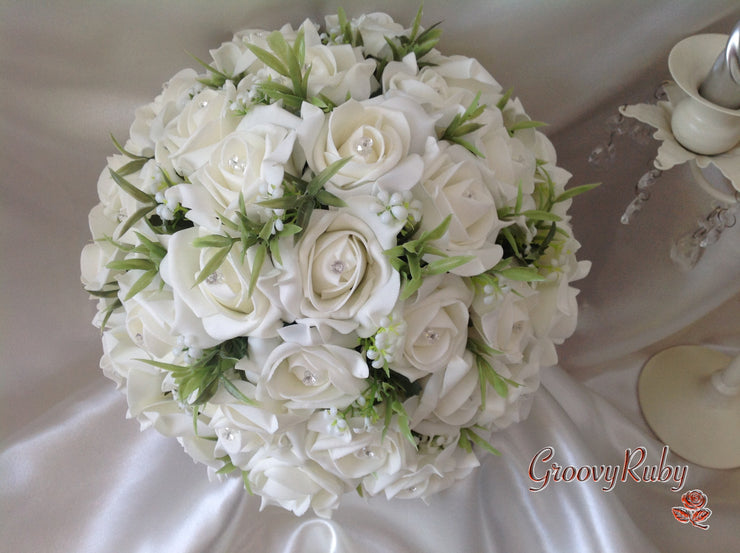 Ivory Rose Foliage & Crystal Bead