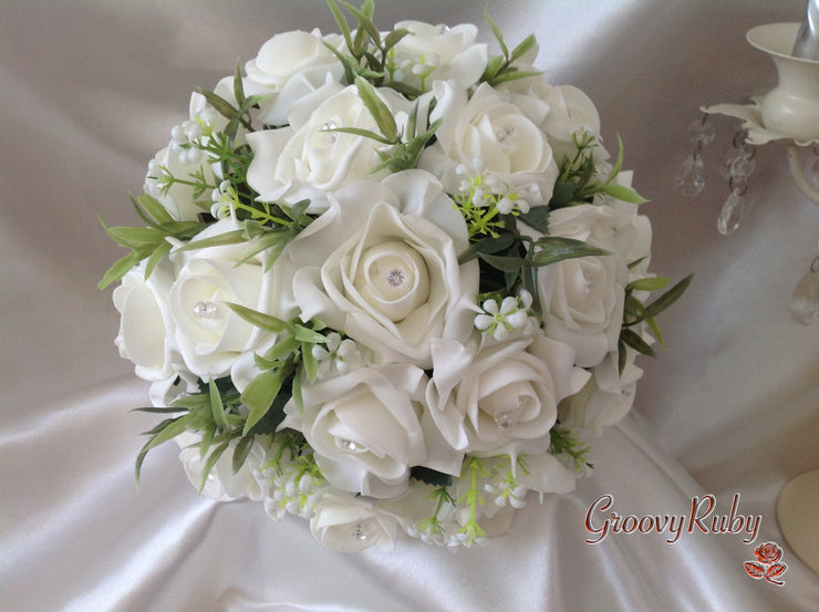 Ivory Rose Foliage & Crystal Bead