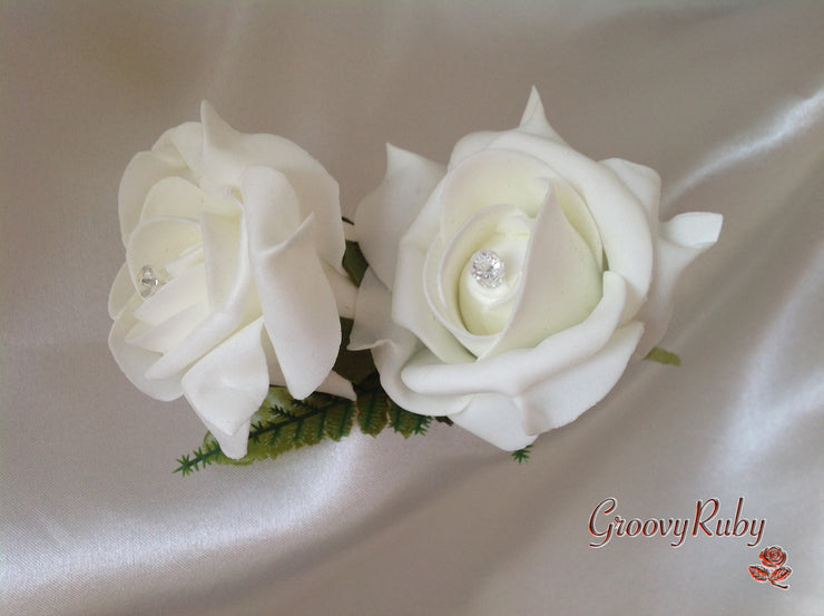 Ivory Rose Foliage & Crystal Bead