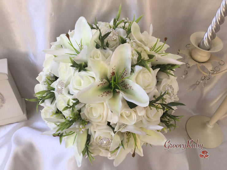 Tiger Lily & Ivory Rose Pearl Brooch With Foliage