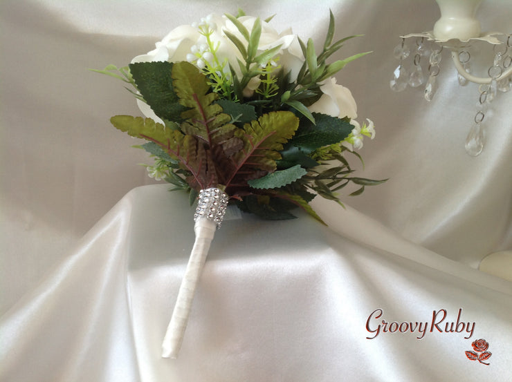 Ivory Rose Foliage & Crystal Bead