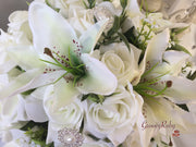 Tiger Lily & Ivory Rose Pearl Brooch With Foliage