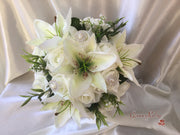Tiger Lily & Ivory Rose Pearl Brooch With Foliage