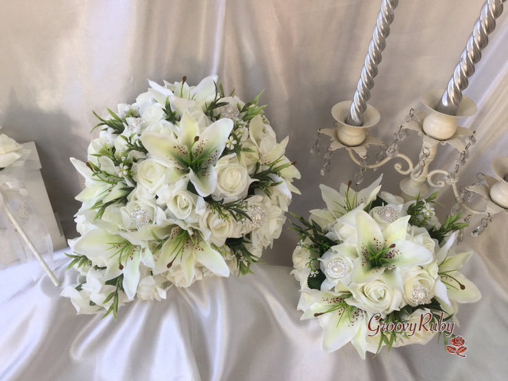 Tiger Lily & Ivory Rose Pearl Brooch With Foliage