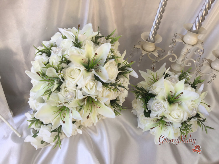 Tiger Lily & Ivory Rose Pearl Brooch With Foliage