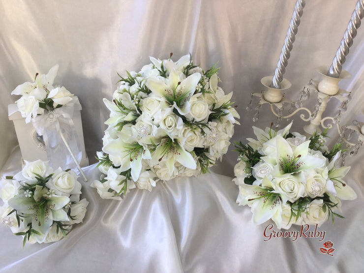 Tiger Lily & Ivory Rose Pearl Brooch With Foliage