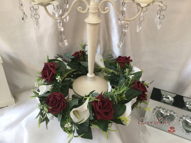 Burgundy Rose & White Calla Lily Wired Candelabra Table Rings
