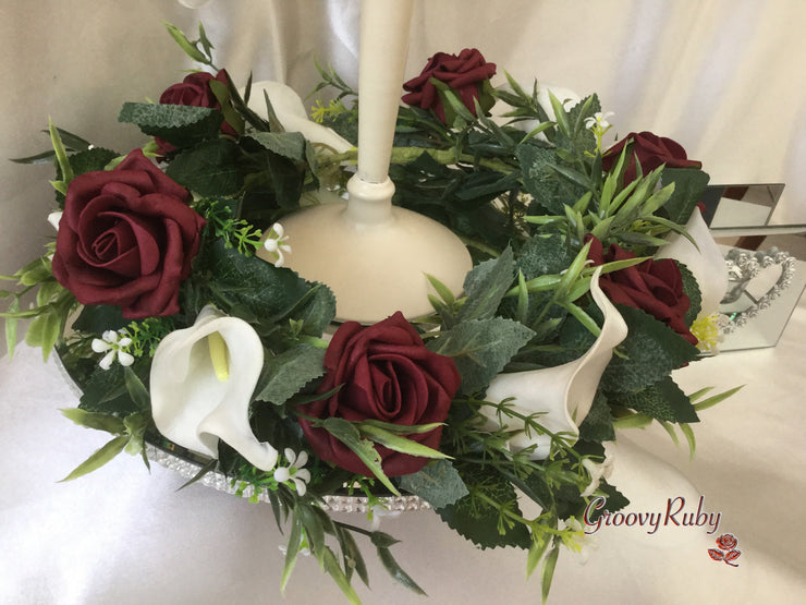 Burgundy Rose & White Calla Lily Wired Candelabra Table Rings