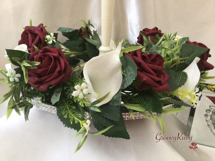 Burgundy Rose & White Calla Lily Wired Candelabra Table Rings