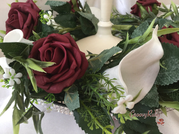 Burgundy Rose & White Calla Lily Wired Candelabra Table Rings