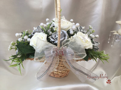 Butterfly Flower Girl Basket With Ivory/Silver Roses, Pearl Sprays & Foliage