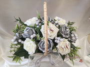 Butterfly Flower Girl Basket With Ivory/Silver Roses, Pearl Sprays & Foliage