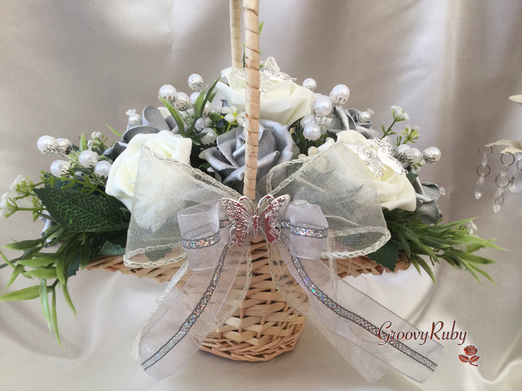Butterfly Flower Girl Basket With Ivory/Silver Roses, Pearl Sprays & Foliage