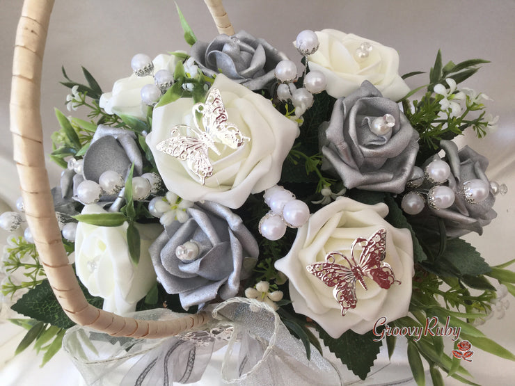 Butterfly Flower Girl Basket With Ivory/Silver Roses, Pearl Sprays & Foliage