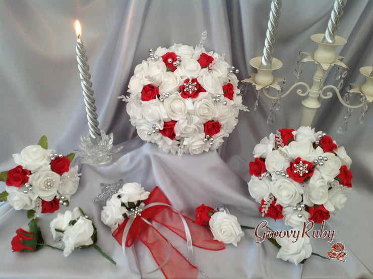 White & Red Rose With Crystal Snowflake Brooch