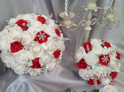 White & Red Rose With Crystal Snowflake Brooch