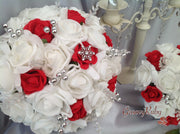 White & Red Rose With Crystal Snowflake Brooch