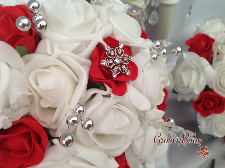 White & Red Rose With Crystal Snowflake Brooch